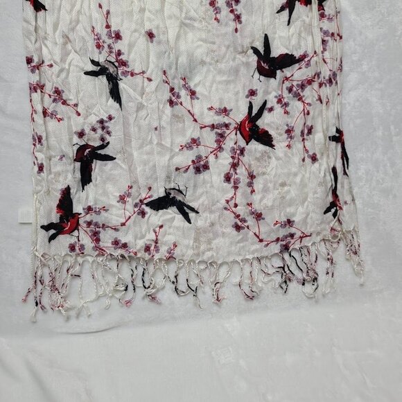 Womens Scarf Shawl Wrap White Floral with Red Black Birds Tassels Rayon - Picture 9 of 10